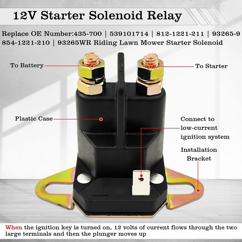 FBLOWMOD 435-700 Starter Solenoid Relay for Lawn Mower, 12V Relay Switch, Fit for Husqvarna & Trombetta & John Deere & MTD, Replace 539101714, 812-1221-211, 854-1221-210, 93265-9, 93265WR, 93265-WR - Image 4